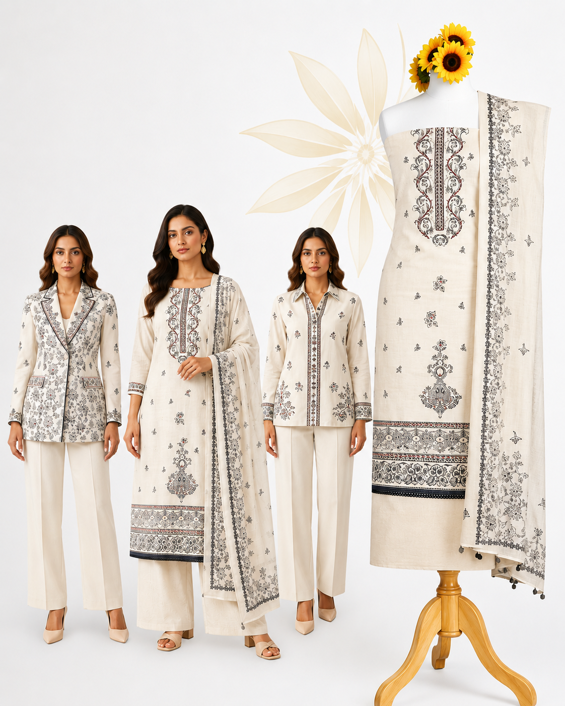 Premium Off White Ethnic Printed Cotton Dress Material Set