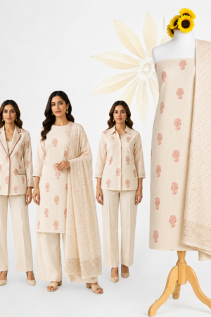 Cream Peach Printed Cotton Dress Material Set
