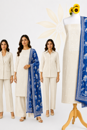 Premium Off White Blue Cotton Dress Material Set