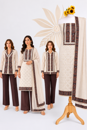 Cream Cotton Dress Material with Traditional Printed Border
