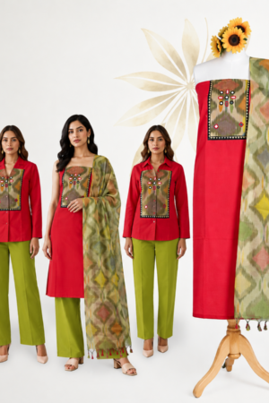 Red Cotton Premium Designer Dress Material Set