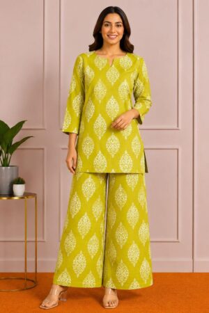 Lime Green Premium Cotton Printed 2 Piece Co-Ord Set for Women