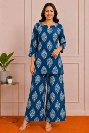 Navy Blue Premium Cotton Printed 2 Piece Co-Ord Set for Women