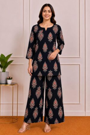 Black Premium Cotton Printed 2 Piece Co-Ord Set for Women
