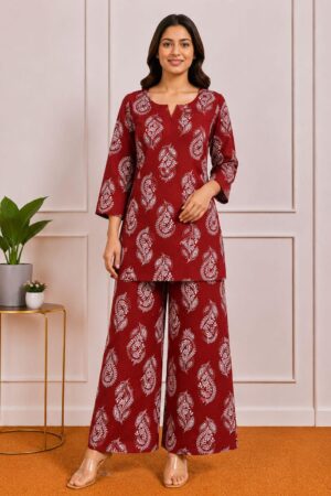 Maroon Premium Cotton Printed 2 Piece Co-Ord Set for Women
