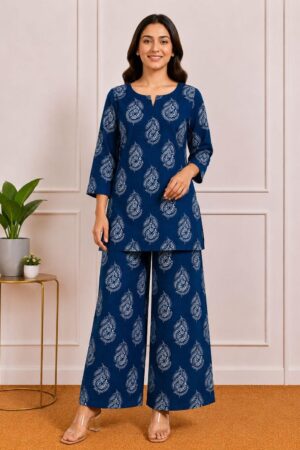 Royal Blue Premium Cotton Printed 2 Piece Co-Ord Set for Women