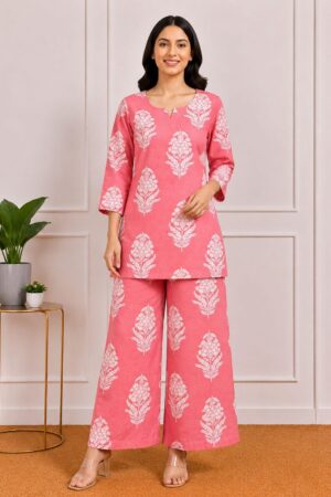 Pink Premium Cotton Printed 2 Piece Co-Ord Set for Women