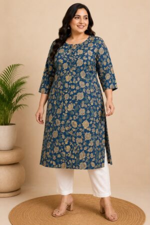 Plus Size Teal Blue Floral Printed Cotton Kurti