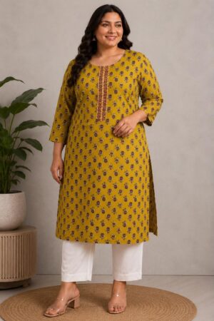 Plus Size Mustard Yellow Floral Printed Premium Cotton Kurti for Women