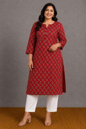 Plus Size Red Floral Buti Printed Premium Cotton Kurti for Women