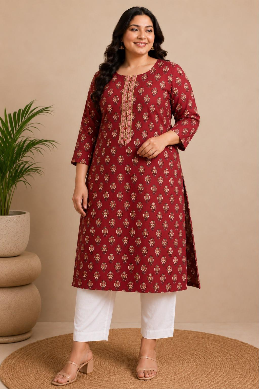 Plus Size Red Floral Buti Printed Premium Cotton Kurti for Women - Image 2