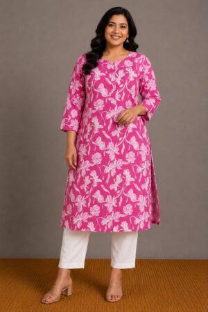 Plus Size Pink Floral Printed Premium Cotton Kurti for Women