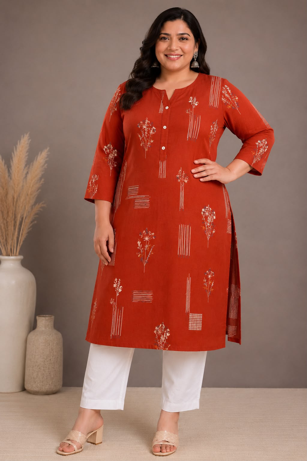 Plus Size Red Floral Buti Printed Premium Cotton Kurti for Women - Image 3