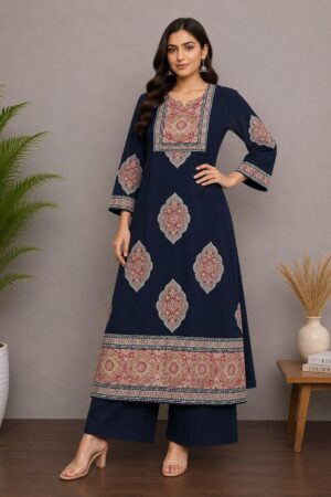 Navy Blue Cotton Printed Kurta Palazzo Set  Ready to Wear 2 Piece Ethnic Wear