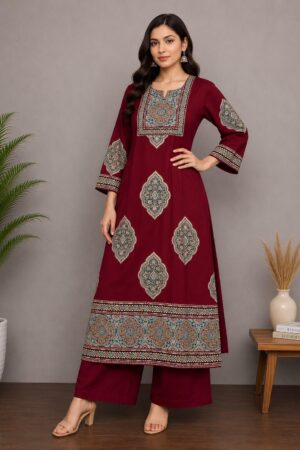 Maroon Cotton Printed Kurta Palazzo Set  Ready to Wear 2 Piece Ethnic Wear