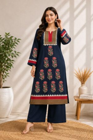 Navy Blue Cotton Floral Printed Kurta Palazzo Set  Ready to Wear 2 Piece Ethnic Wear