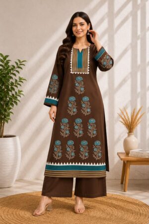 Brown Cotton Floral Printed Kurta Palazzo Set  Ready to Wear 2 Piece Ethnic Wear