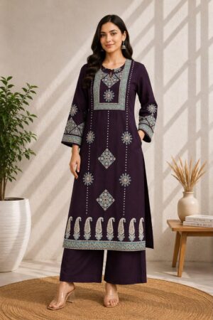 Deep Plum Cotton Printed Kurta Palazzo Set  Ready to Wear 2 Piece Ethnic Wear