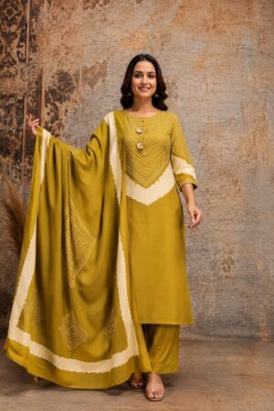 Mustard Olive Cotton 3-Piece Straight Kurta Set with Bandhani Inspired Chevron Print & Matching Dupatta