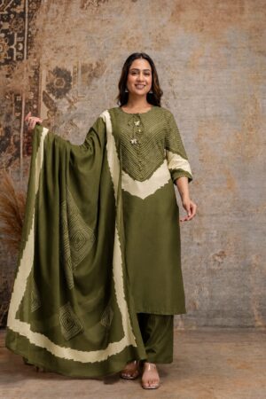 Olive Green Cotton 3-Piece Straight Kurta Set with Bandhani Inspired Chevron Print & Matching Dupatta
