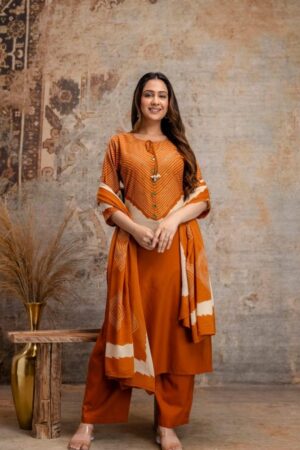 Rust Orange Cotton 3-Piece Straight Kurta Set with Bandhani Inspired Chevron Print & Matching Dupatta