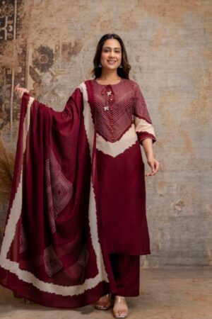 Wine Maroon Cotton 3-Piece Straight Kurta Set with Bandhani Inspired Chevron Print & Matching Dupatta