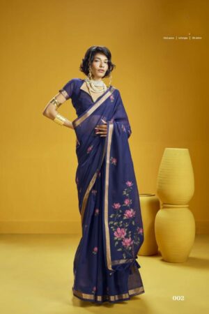 Noorani  Royal Navy Blue Pure Muga Cotton Weaving Saree with Pink Floral Motifs & Antique Gold Woven Border