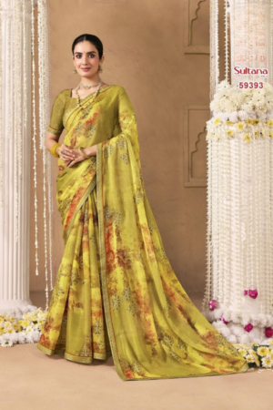 Sultana Mehendi Green Georgette Saree with Vintage Abstract Floral Print & Delicate Lace Border