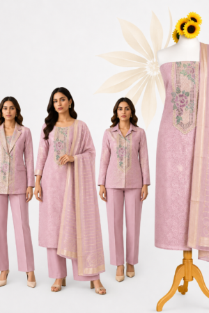 Blush Pink Floral | Premium 3-Piece Dress Material with Floral Embroidered Panel & Gold Striped Dupatta