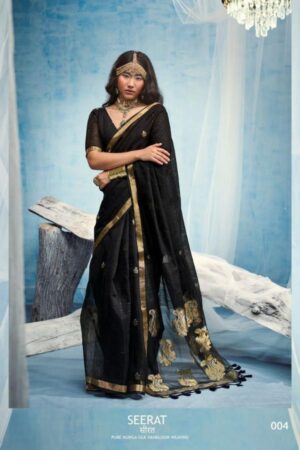 Seerat Black Pure Muga Silk Handloom Weaving Saree with Gold Buti, Ornamental Woven Pallu & Zari Border