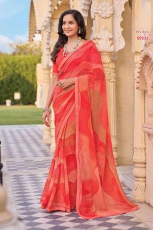Pavitra Vol. 10 Coral Red Georgette Saree with Abstract Wave Print & Delicate Lace Border