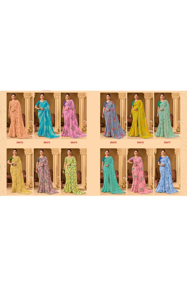 Rishika Blush Pink Georgette Saree with Multicolour Floral Print & Decorative Lace Border - Image 13