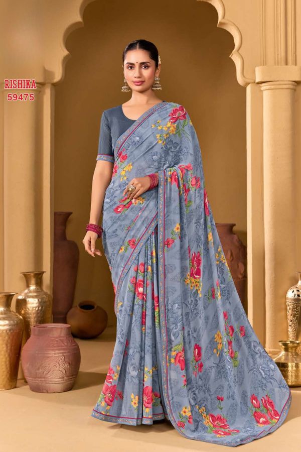 Rishika Blush Pink Georgette Saree with Multicolour Floral Print & Decorative Lace Border - Image 9