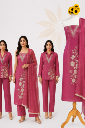 Rani Pink Floral | Premium 3-Piece Dress Material with V-Neck Embroidery & Floral Embroidered Dupatta