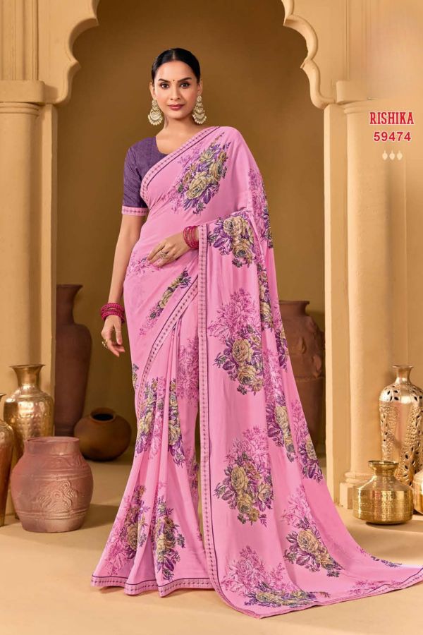 Rishika Blush Pink Georgette Saree with Multicolour Floral Print & Decorative Lace Border - Image 10