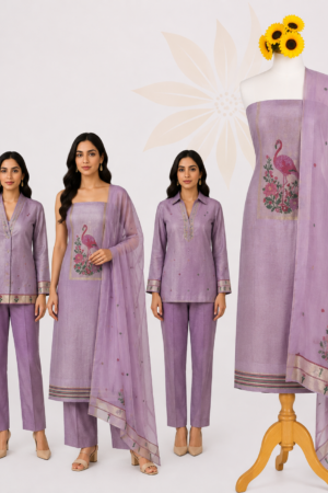 Lavender Flamingo | Premium 3-Piece Dress Material with Floral Flamingo Motif & Coordinated Dupatta