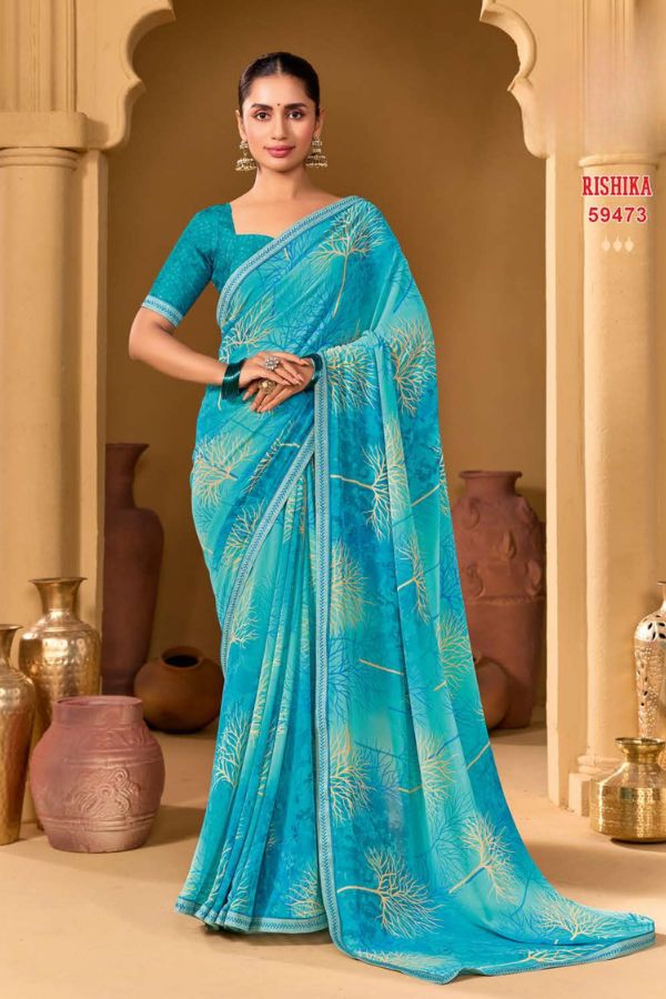 Rishika Blush Pink Georgette Saree with Multicolour Floral Print & Decorative Lace Border - Image 11