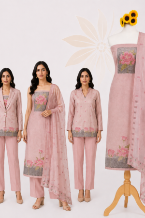 Blush Pink Lotus | Premium 3-Piece Dress Material with Statement Lotus Motif & Printed Dupatta