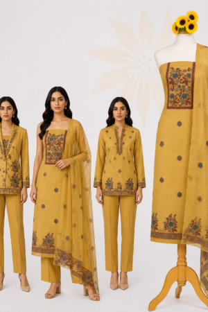 Mustard Gold Floral | Premium 3-Piece Dress Material with Traditional Floral Panel & Printed Border Dupatta