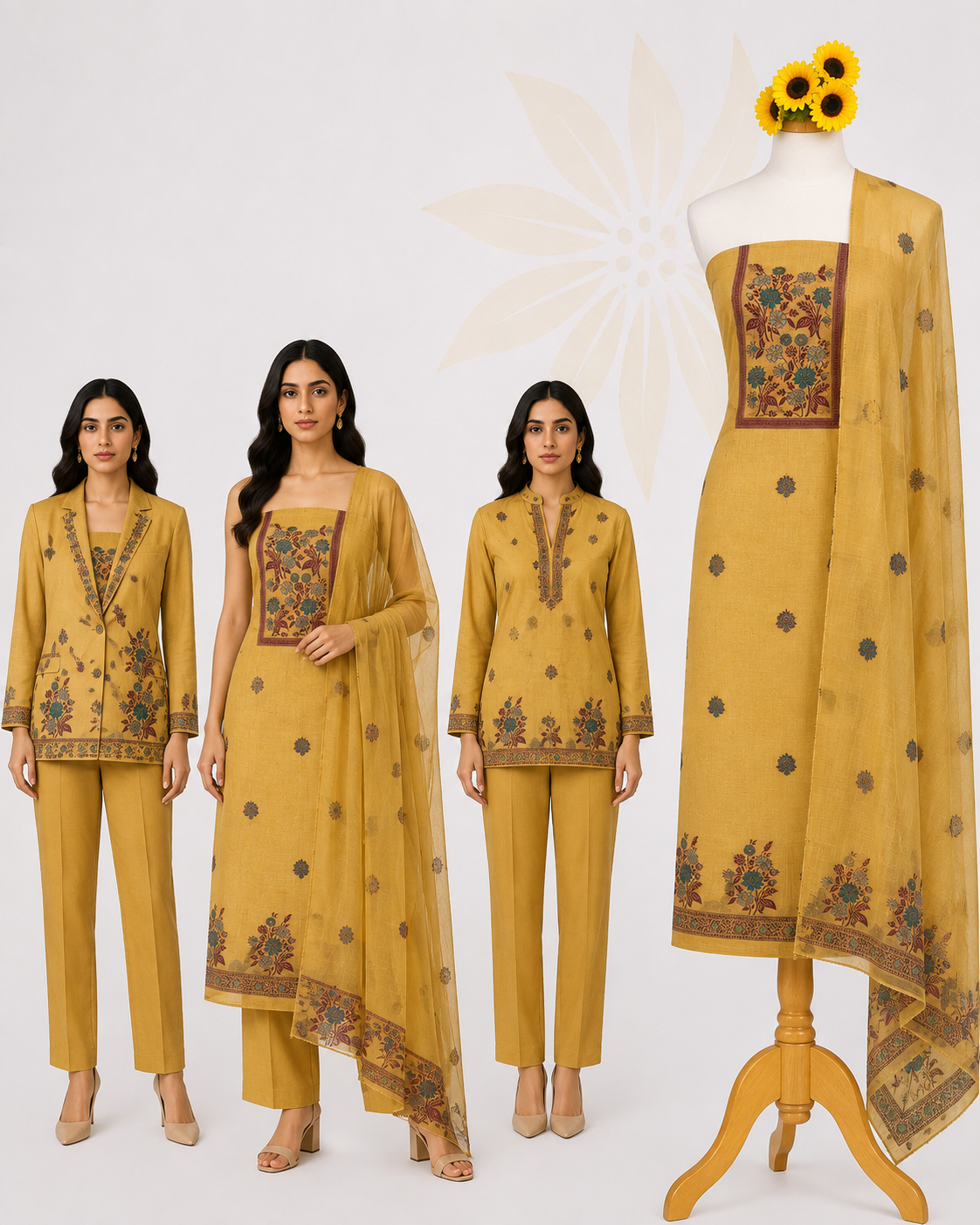 Mustard Gold Floral | Premium 3-Piece Dress Material with Traditional Floral Panel & Printed Border Dupatta