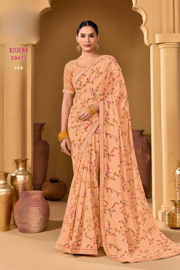 Rishika Blush Pink Georgette Saree with Multicolour Floral Print & Decorative Lace Border - Image 12