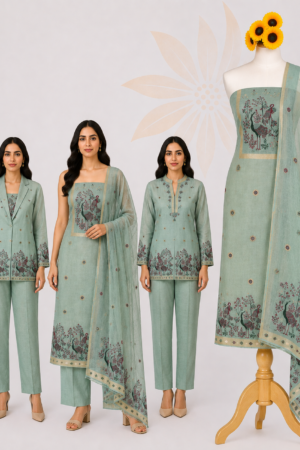 Sage Green Peacock | Premium 3-Piece Dress Material with Traditional Peacock Motif & Coordinated Printed Dupatta