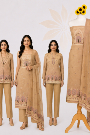 Sand Beige Peacock | Premium 3-Piece Dress Material with Heritage Peacock Motif & Coordinated Dupatta