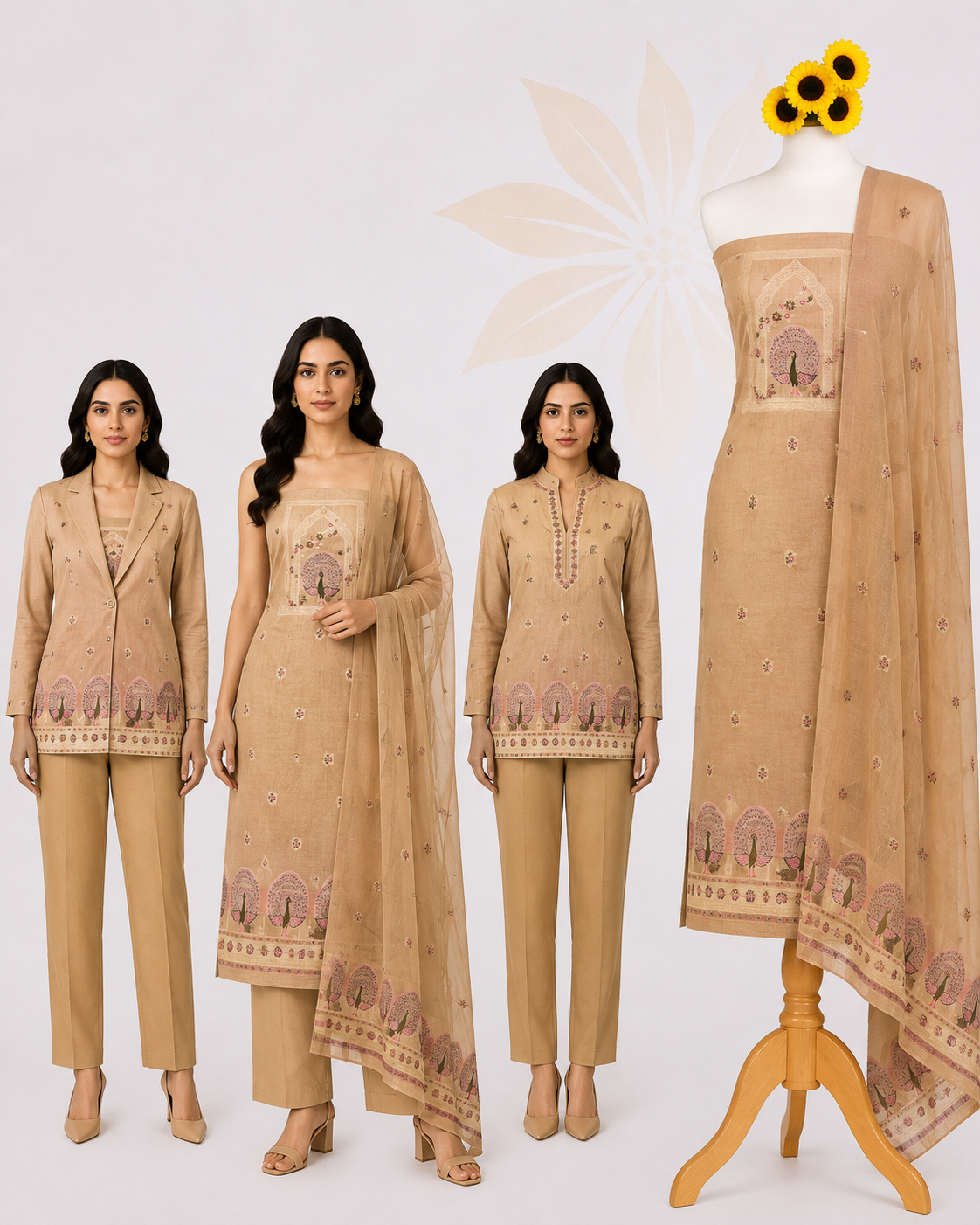 Sand Beige Peacock | Premium 3-Piece Dress Material with Heritage Peacock Motif & Coordinated Dupatta