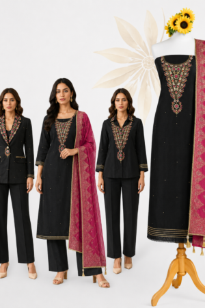 Black & Rani Pink Festive | Premium 3-Piece Dress Material with Multicolour Embroidered Neck & Gold Border Dupatta