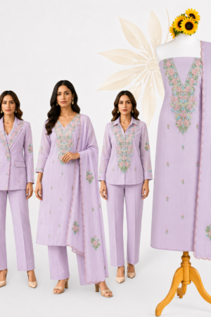 Pastel Lavender Floral | Premium 3-Piece Dress Material with Multicolour Floral Neck Embroidery & Scalloped Dupatta