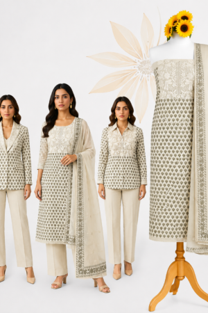 Ivory Olive Heritage | Premium 3-Piece Dress Material with Floral Yoke, Traditional Buti Work & Border Dupatta