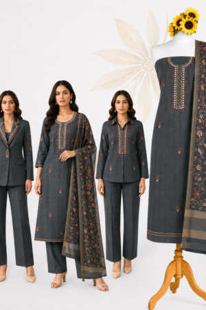 Charcoal Grey Heritage | Premium 3-Piece Dress Material with Ornamental Neck Detailing & Floral Printed Dupatta