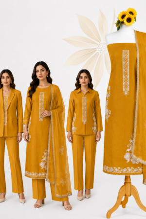 Mustard Yellow Ethnic | Premium 3-Piece Dress Material with Geometric Embroidery & Floral Border Dupatta