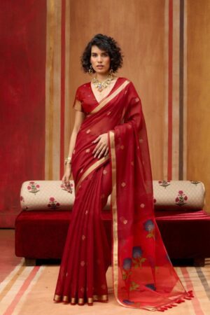 Bombay Rose | Rich Red Pure Muga Cotton Weaving Saree with Gold Buti Work, Rose Floral Pallu & Gold Border